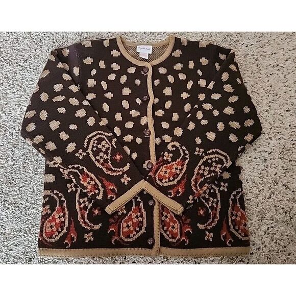WOMEN'S DARK BRown / RED Button CARDIGAN SWEATER - CRYSTAL KOBE - SIZE Small - Picture 1 of 5